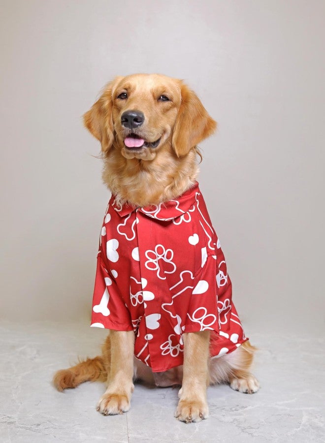 15 BUTTONS Rayon Red and White Paws and Bones Love Printed Summer Dog Shirt | Full Grown Dogs, Husky, Rottweiler, Saint Bernard | Super Soft Light Weight | Comfortable Pet Clothing (3XL) - Image 1